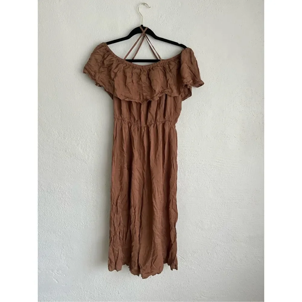 Coeur de Vague Woman Brown Ruffle Crop Off Shoulder Jumpsuit , Size Large